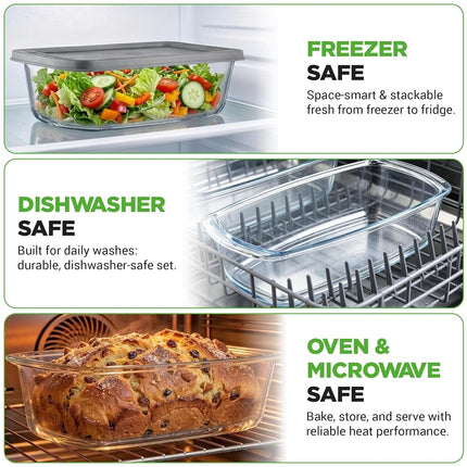 NutriChef 3 Sets Loaf Pan - 62.07oz Stackable Superior Premium Glass Meal-prep Food Container w/Airtight Locking Lid, BPA-Free Leakproof, Freezer-to-Oven-Safe, for Bread, Cake & Pastries