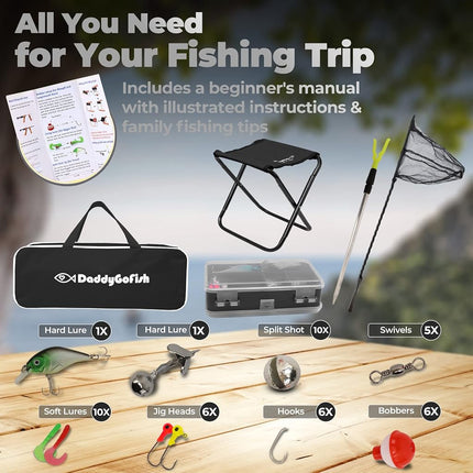 DaddyGoFish Kids Fishing Pole - Rod Reel Combo Tackle Box Starter Set - First Year Small Dock Gear Kit for Boys Girls Toddler Youth Age Beginner Little Children Junior Anglers (Black, 4ft)