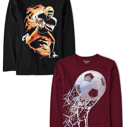 The Children's Place Boys' Sports Long Sleeve Graphic T-Shirts,multipacks, Soccer Ball/Football Player 2-Pack, Medium