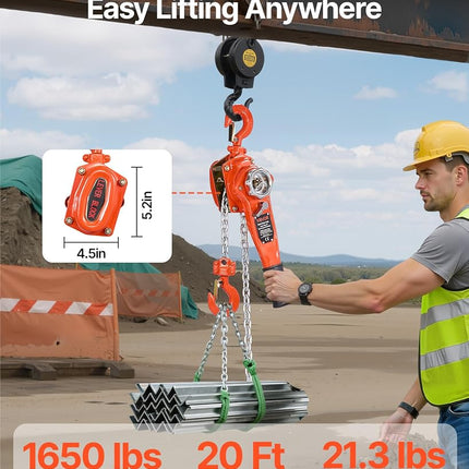 VEVOR Manual Lever Chain Hoist, 3/4T 750KG Capacity Heavy Duty Come Along, 6M Lift G80 Alloy Steel Chain With Dual Pawl Mechanical Brake, 360° Rotating Hooks, for Warehouse Construction Garage