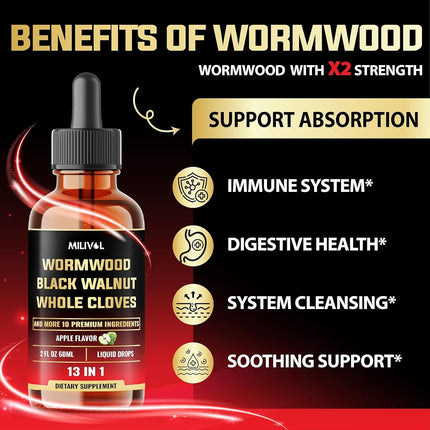 Milivol 13in1 Wormwood Liquid Drops - Black Walnut Wormwood Liquid with Whole Cloves & More - 60 Day Supply - 2 Fl Oz
