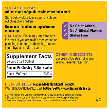 Nature Made High Potency Biotin (B7) 2500 mcg. Softgels Value Size, 150 Count
