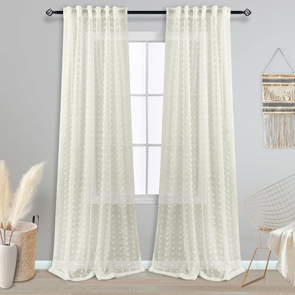 KOUFALL Cream Off White Curtains 96 Inches Long for Living Room Farmhouse Pom Pom Textured Boho Sheer Curtains for Bedroom Laundry Room 2 Panels 52x96 Inch Length Ivory
