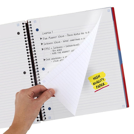 Cahier à spirale Five Star Advance Plus avec application d'étude, 3 sujets, papier ligné (réglure universitaire), 28 cm x 21,6 cm, 150 feuilles, avec protège-spirale et intercalaires repositionnables, rouge vif, 1 unité (73134)