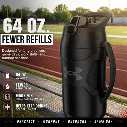 Under Armour Playmaker Sport Jug, Water Bottle with Handle, Foam Insulated & Leak Resistant, 64oz, Black/Black