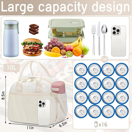 Carry Bloom Lunch Box for Women, Insulated Lunch Bag Cute Corduroy Lunchbag Reusable Lunchbox for Work (Cute Black Bow)