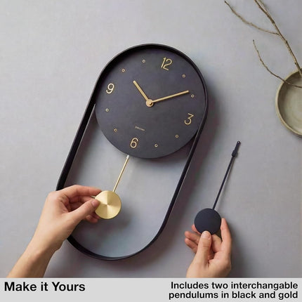 Driini Modern Pendulum Wall Clock - Decorative and Unique Metal Frame, with 8 Inch Face - Contemporary, Minimalist Design, with Silent Battery Operation - Includes Both Black and Gold Pendelum