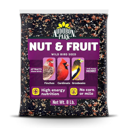 Audubon Park Nut & Fruit Wild Bird Seed - 8 Pounds Premium Blend with Sunflower Seeds, Peanuts, Safflower and Dried Fruits - Bird Food for Outdoor Feeders