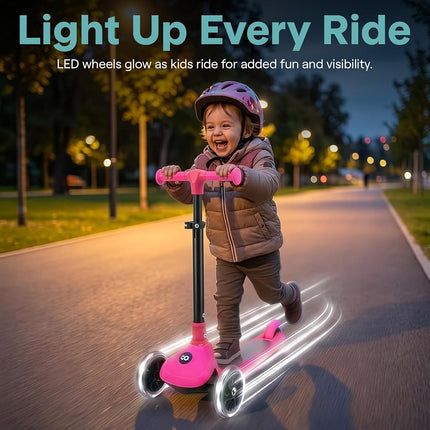 SereneLife Kids Scooter for Ages 3–7 – 3 Wheel Kick Scooter with Seat Option, Light-Up LED Wheels, Lean-to-Steer, Foldable, Adjustable Height, 50 kg Capacity, Pink