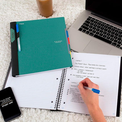 Five Star Spiral Notebook + Study App, 5 Subject, College Ruled Paper, Advance Notebook with Spiral Guard, Movable Tabbed Dividers and Expanding Pockets, 8-1/2" x 11", 200 Sheets, Green (73148)