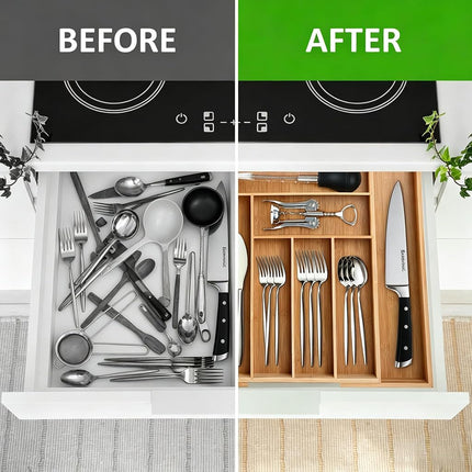 KITCHENTREND Organizador expandible de bambú para cubiertos, organizador de cubiertos ajustable para cajones de cocina, organizador de utensilios para la organización de la cocina (6-8 ranuras)