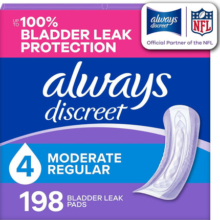 Always Discreet Adult Incontinence Pads for Women, Moderate Absorbency, Regular Length, Postpartum Pads, 198 CT