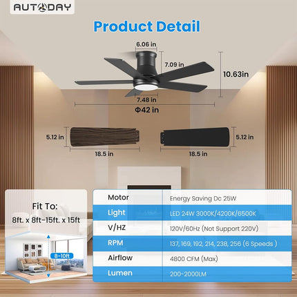 Autoday 42 Inch Low Profile Ceiling Fan with Light, Black Flush Mount Ceiling Fans with Lights and Remote, 6 Speeds, Reversible Quiet DC, 3CCT Dimmable, Indoor/Outdoor Ceiling Fans for Patios Bedroom
