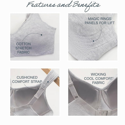 Playtex Women's 18 Hour Lift & Support Cool Comfort Cotton Stretch Bra Full Coverage, Grey Heather, 42DD