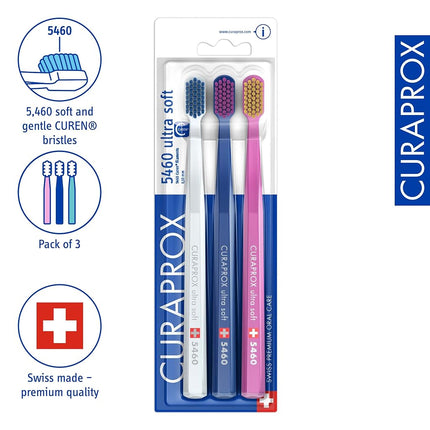 Curaprox Toothbrush Set CS 5460-3-pack Ultra Soft Manual Toothbrush for adults with 5460 Curen Bristles - Random Color (3 Pack)