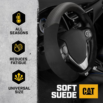 Funda para Volante Cat® - Ante/Piel Sintética Negro/Gris con Logotipo Cromado - Cómoda y Elegante
