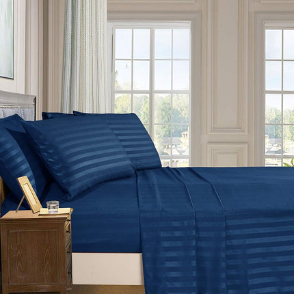 Elegant Comfort Softest and Coziest 4-Piece Sheet Set - 1500 Premium Hotel Quality Microfiber - Luxurious Wrinkle Resistant 4-Piece Damask Stripe Bed Sheet Set, Twin XL, Navy Blue