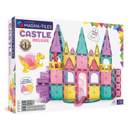 Magna-Tiles Château DLX + microMAGS Ensemble de construction magnétique 48 pièces – Jouet de construction de château de luxe avec pont-levis, dragon et escaliers en colimaçon – Jeu STEM créatif pour enfants à partir de 3 ans
