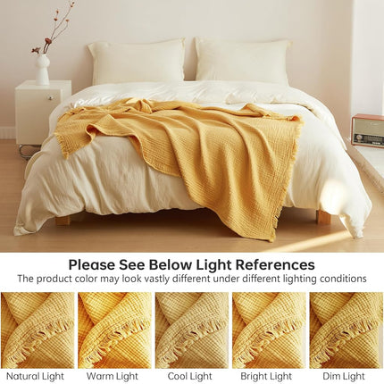Manta Simple&Opulence de muselina de algodón de 4 capas para cama, sofá, manta de gasa tejida con borlas, suave, ligera, acogedora, prelavada, transpirable, decoración de granja para todas las estaciones (amarillo)
