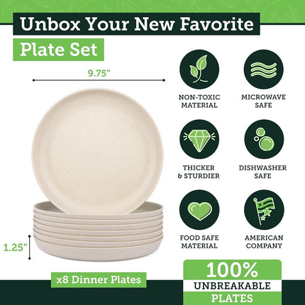 Grow Forward Premium Wheat Straw Plates - 10 Inch Reusable Hard Plastic Dinner Plates Set of 8 - Unbreakable Microwave Safe Plates for Dessert, Camping, RV, Outdoors, Patio, Kitchen Dishes - Sahara