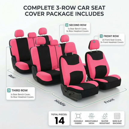 FH Group Light & Breezy Cloth Car Seat Covers, 7 Seater Three Row Set- Airbag & Split Ready -Universal for Cars Trucks and SUVs (Pink/Black)