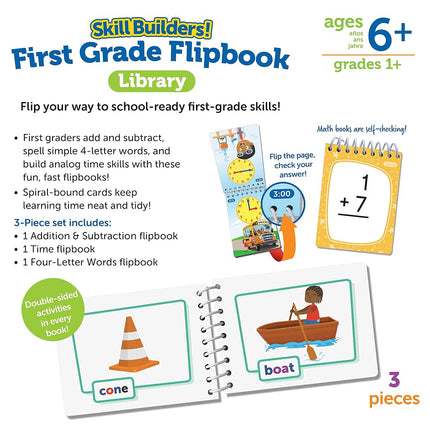 Learning Resources Skill Builders! First Grade Flipbook Library - 3 Pieces, Ages 6+, First Grade Learning Activities, Math and Spelling Activities for Kids, Montessori Activities