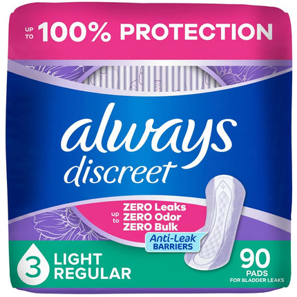 Always Discreet Incontinence & Postpartum Incontinence Pads for Women, 90 Count, Light Absorbency (30 Count, Pack of 3-90 Count Total)