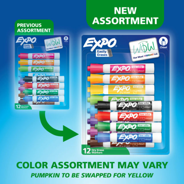 Expo Low-Odor Dry Erase Markers, Chisel Tip, Assorted Colors, 12-Count