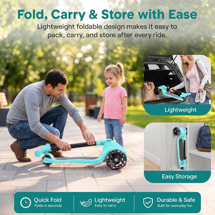 SereneLife Kids Scooter for Ages 3–7 – 3 Wheel Kick Scooter with Seat Option, Light-Up LED Wheels, Lean-to-Steer, Foldable, Adjustable Height, 50 kg Capacity
