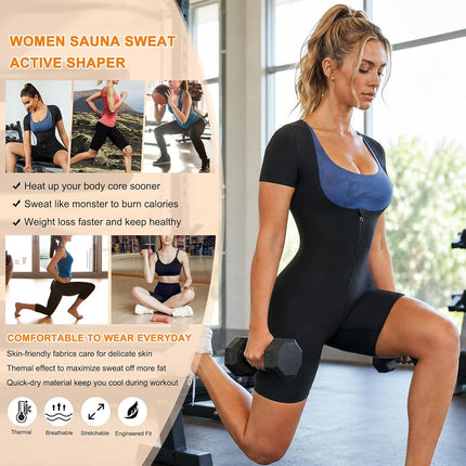 URSEXYLY Sauna Suit for Women Sweat Vest Waist Trainer 3 in 1 Slimming Full Body Shaper Workout Top with Sleeve Shorts, Black-blue Inner, XX-Large