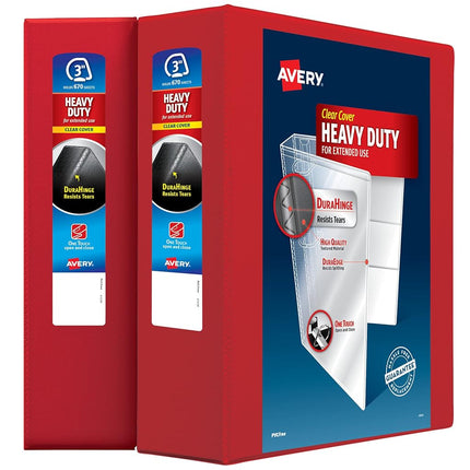 Avery Heavy-Duty Clear View 3 Ring Binders, 3 Inch EZD Rings, 2-Pack of Red Binders (39701)