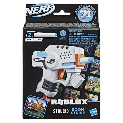 NERF Roblox Strucid: Boom Strike Dart Blaster, Pull-Down Priming Handle, 2 Elite Darts, Code to Unlock in-Game Virtual Item, White