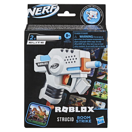 NERF Roblox Strucid: Boom Strike Dart Blaster, Pull-Down Priming Handle, 2 Elite Darts, Code to Unlock in-Game Virtual Item, White