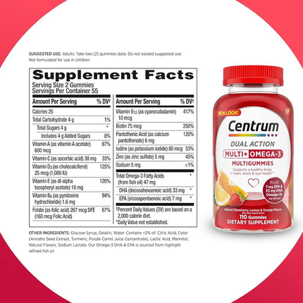 Centrum Multigummies Omega 3 Gummy Multivitamin for Adults, Fruit, 110 Count