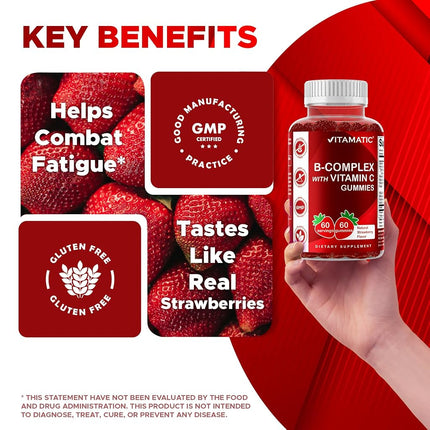 Vitamatic Vitamin B Complex Gummies with Vitamin C & Inositol - Natural Strawberry Flavor - 60 Gummies (1 Bottle)