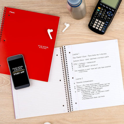 Five Star Spiral Notebook + Study App, 5 Subject, College Ruled Paper, Fights Ink Bleed, Water Resistant Cover, 8-1/2" x 11", 200 Sheets, Red (72077)
