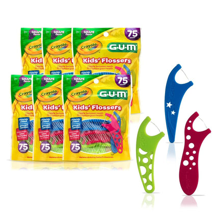 GUM Crayola Hilo Dental Infantil con Flúor - Diseñado para Manos Pequeñas - Divertido Sabor a Uva - Palillos de Hilo Dental Fáciles de Usar para Niños Mayores de 3 Años, 75 unidades (Paquete de 6)