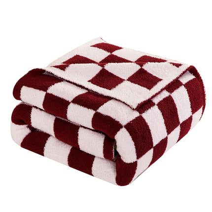 Elegant Comfort Checkered Throw Blanket, Burgundy Super Soft Cozy Fluffy Warm Throw Blankets for Couch, Sofa, Chair, Bed, Camping, Picnic, Travel Lightweight Bed Blanket (50" x 70")
