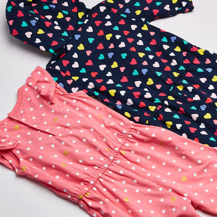 Carter's Baby Girls' 2-Pack One-Piece Romper, Navy Heart/Pink Dot, 18 Months