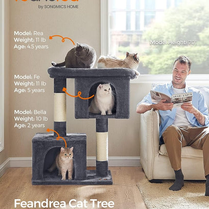 Feandrea Cat Tree Tower, 101 cm, XL, Condo for Extra Large Cats up to 44 lb, Large Perch, 2 Caves, Scratching Post, Smoky Gray,UPCT614G01