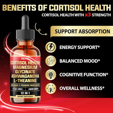 12in1 - Cortisol Supplement Liquid Drops - Cortisol Detox w. Magnesium Glycinate 1000mg, Ashwagandha, L-Theanine, Phosphatidylserine and 8 More Herbals - Hormone Balanced for Women, Mood Focus - 1 Month Supply