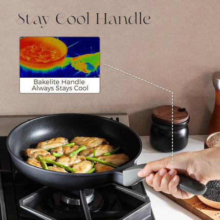 PRICUSIS Juego de ollas y sartenes antiadherentes, 9 piezas de utensilios de cocina de cerámica antiadherente no tóxica, sartén saludable para tortillas/huevos, sartén saludable, libre de PTFE, PFOA y PFAS, compatible con inducción, gris