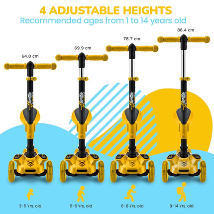 Hurtle 3 Wheeled Scooter for Kids - 2-in-1 Sit/Stand Child Toddlers Toy Kick Scooters w/Flip-Out Seat, Adjustable Height, Flashing Wheel Lights, Great for Indoor/Outdoor Fun, Yellow