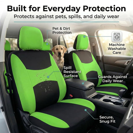 FH Group Light & Breezy Cloth Car Seat Covers, 7 Seater Three Row Set- Airbag & Split Ready -Universal for Cars Trucks and SUVs (Green/Black)
