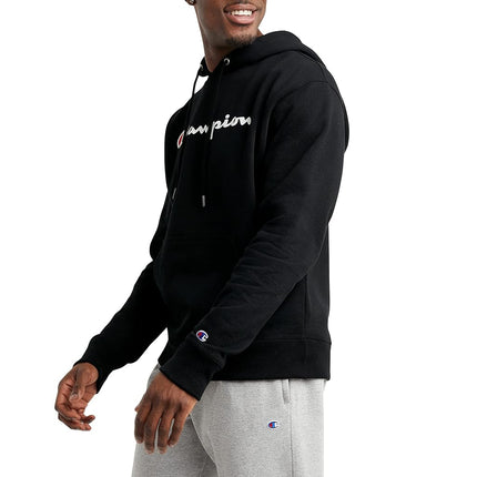 Champion Men's Graphic Powerblend Fleece Hood Sweatshirt, Black/Champion Script, XXL