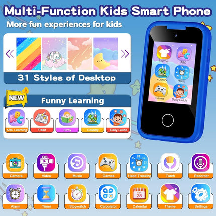 Kids Smart Phone for Boys, Christmas Birthday Gifts for Boy Girl Age 3-10 Kids Toys Cell Phone, 2.8" Touchscreen Toddler Learning Play Toy Phone with Dual Camera, Game, Music Player, 8GB Card Blue