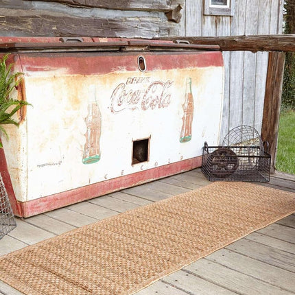 Alfombra Unique Loom para exteriores Border Collection - A cuadros (2' x 8' pasillo marrón claro)