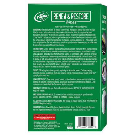 Turtle Wax 54349 Renew and Restore Wipes, Car Paint Scratch Removal, Works on Water Spots, Headlight Oxidation, Glass, Metal and More, Pack of 8 Wipes