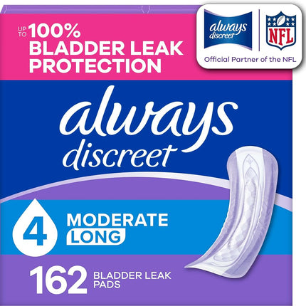 Always Discreet Adult Incontinence Pads for Women, Moderate Absorbency, Long Length, Postpartum Pads, 162 CT