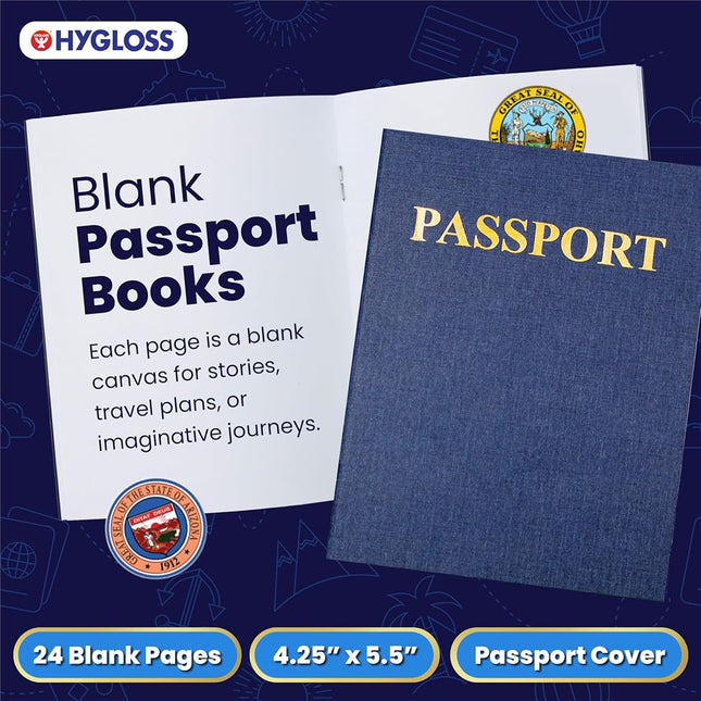Hygloss Products Blank Passport Book - Fun Pretend Activity for Kids - Great for Classrooms & Parties - Imaginary Travel - Little Travelers Pocket Journal - 24 Blank Pages - 4 ¼” X 5 ½” - Pack of 24 Books